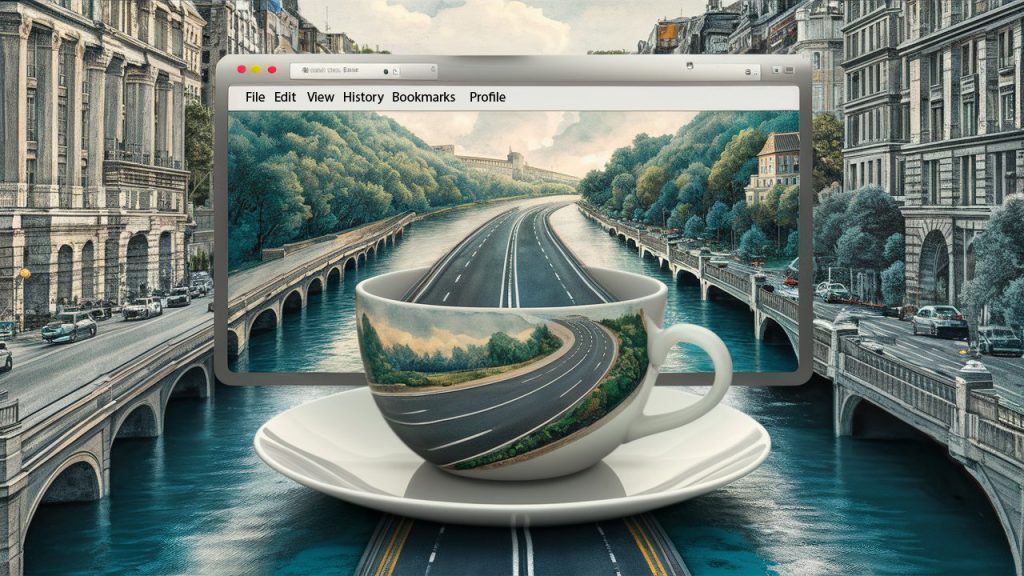 A computer screen displays a road that seamlessly transitions into the real world and appears within a coffee cup in the foreground, set in an urban riverside environment.