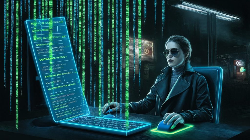 A person wearing sunglasses and a leather jacket sits at a desk using a futuristic computer with green code on the screen in a dark, futuristic setting.