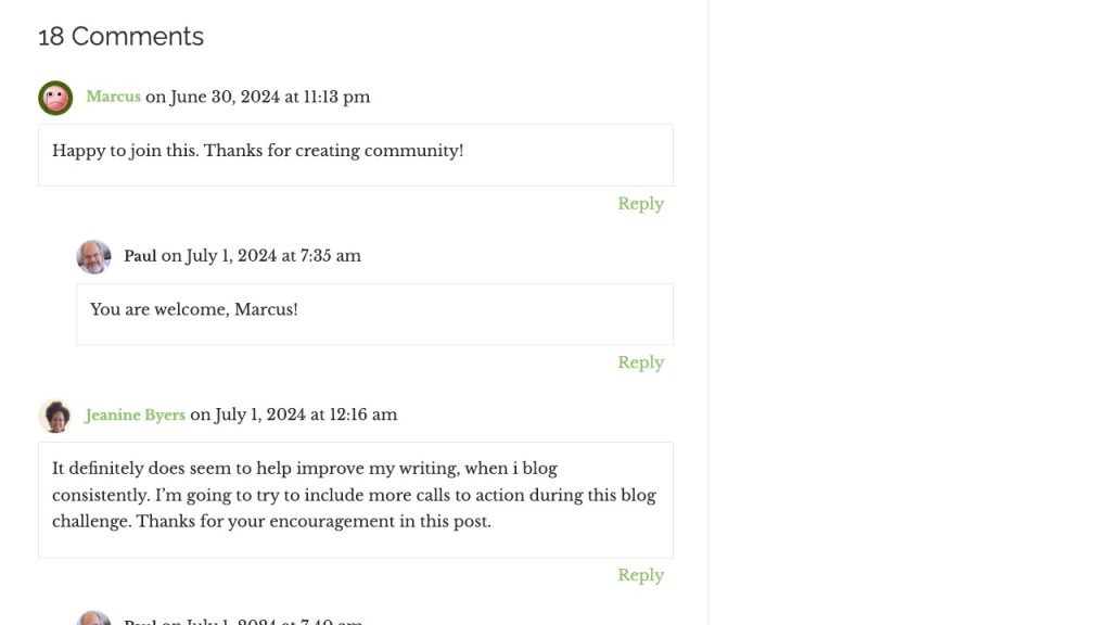 A screenshot of a blog comments section showing multiple users thanking the author and discussing blogging.